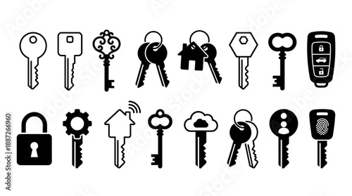 Vector key icons set with diverse designs including house, star, circuit, and ornate styles for access, security, identity, lock systems, and digital interfaces.