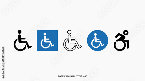 Vector accessibility signage icons set featuring diverse wheelchair symbols in dynamic, classic, and inclusive styles for mobility awareness, public spaces, healthcare, and universal design.