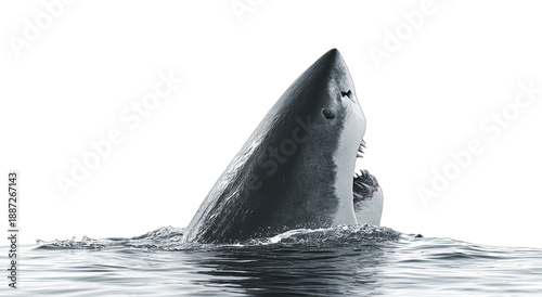 A menacing great white shark emerges from dark water, its jaws agape