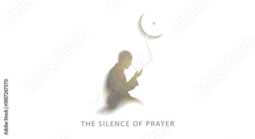 Serene Muslim man praying under starry night sky with crescent moon