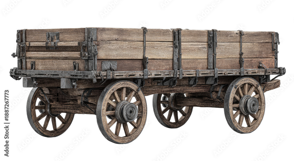 Fototapeta premium Old wooden cart with metal accents and spoked wheels