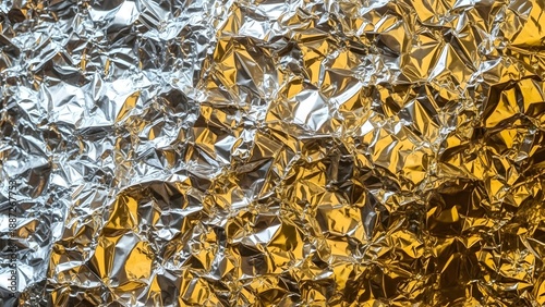 Macro of crinkled silver and gold Mylar thermal foil