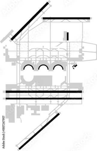 DFW, Dallas Fort Worth (Texas) Map Diagram Blank Simplified, Runways and Buildings