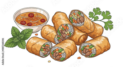 Crispy Golden Fried Spring Rolls with Vegetable Filling and Dipping SauceCrispy Golden Fried Spring Rolls with Vegetable Filling and Dipping Sauce