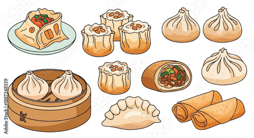 Assorted Chinese Dim Sum Collection with Siomai and Bao Bun Illustration