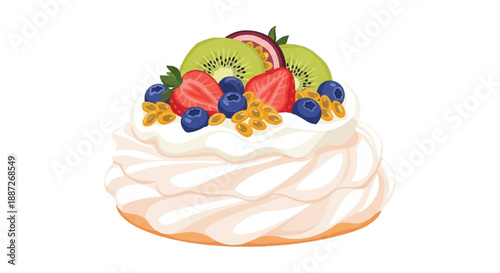 Mini Pavlova Dessert with Whipped Cream Kiwi and Berries Illustration