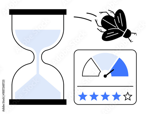 Time management concept. Hourglass with speedometer and star rating efficient time use. Time management improves productivity, quality, and task prioritization. For business, workflow optimization