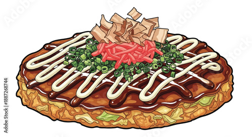 Japanese Savory Pancake Okonomiyaki with Ginger and Bonito Flakes Illustration