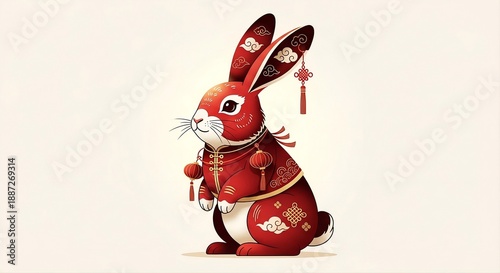 Cute Red Rabbit Illustration with Traditional Decorative Outfit.