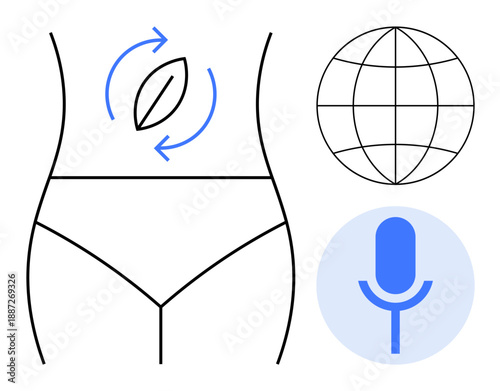 Health technology, digestive wellness, nutrition, global communication, voice recognition, biometrics. Body outline with leaf, globe and microphone icon. Digestive wellness and health technology
