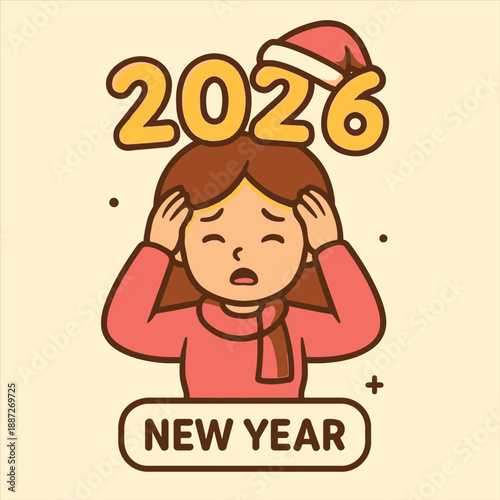 A stressed cartoon woman with hands on her head surrounded by '2026 NEW YEAR' in a flat vector design with a red Santa hat on a pale yellow background.