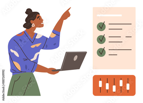 Productivity, goal tracking, task management, business strategy, decision making, workflow optimization. Person holding laptop pointing at checklist and bar chart. Productivity and goal tracking