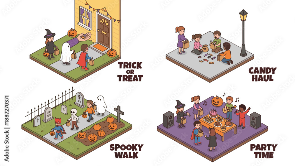 Fototapeta premium Isometric Vector Illustration Set of Halloween Scenes Featuring Children Trick or Treating, Sorting Candy Haul, Walking Through a Spooky Graveyard, and Celebrating at a Festive Costume Party.
