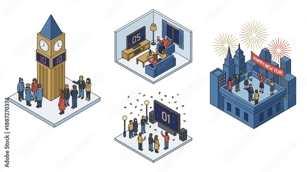 Obraz premium Isometric Vector Illustration Set of New Year's Eve Countdown Scenes with People Celebrating at a Clock Tower, Watching TV at Home, Outdoor Screen Party, and Rooftop Fireworks Holiday Event
