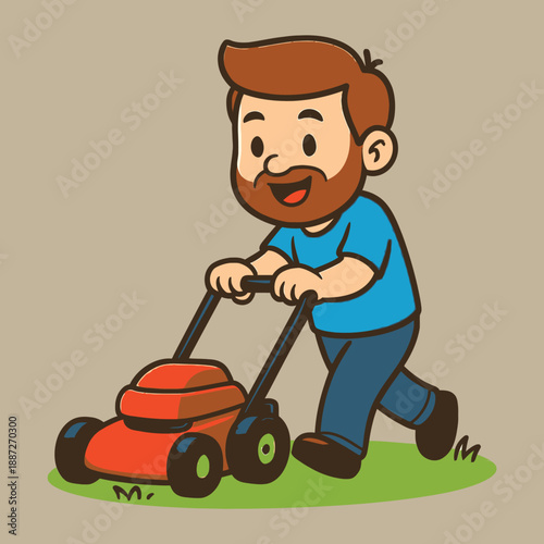 A cheerful man with a beard pushing a red lawn mower in a playful, flat vector illustration with a green patch of grass against a beige background.