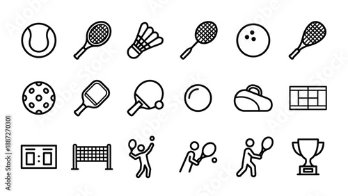 Set of 18 Minimalist Tennis and Racket Sport Line Icons Featuring Equipment Like Rackets, Balls, Shuttlecocks, Nets, Players, Courts, and Trophies for Web Design and Sports Branding Projects