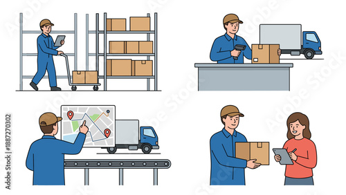 Comprehensive vector illustration set of supply chain logistics operations featuring warehouse picking with a trolley, scanning parcels for shipping, route planning, and final package delivery.