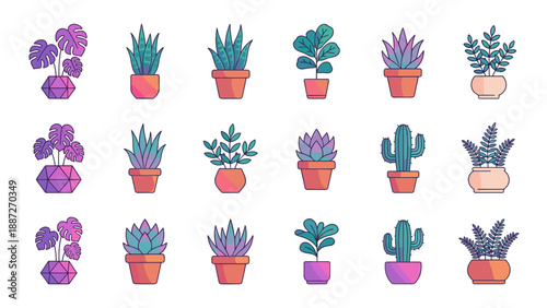 Modern Gradient Indoor Plant Vector Icon Set Featuring Potted Houseplants Like Monstera, Cactus, Succulents, and Snake Plants in Stylish Pots, Arranged in a Grid on a Clean White Background.