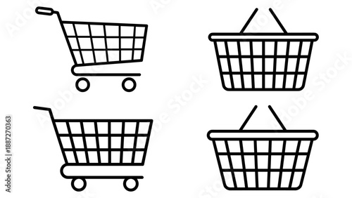 Minimalist line art icon set featuring shopping carts and baskets for retail and e-commerce design, presented in a clean grid layout on a white background for store and market branding.