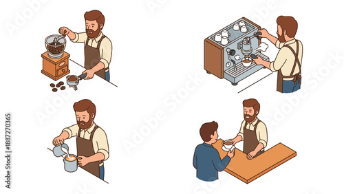 Isometric vector illustration set of a professional barista making coffee: grinding beans, operating an espresso machine, pouring latte art, and serving a customer at a cafe counter.