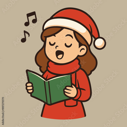 A cheerful cartoon girl wearing a Santa hat sings while reading a green book with musical notes around her, in a flat vector illustration with a festive mood.