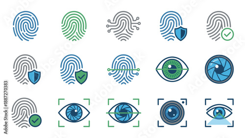 Biometric Security Icon Set: 15 Vector Illustrations of Fingerprint and Eye Scanning Technology for Digital Authentication, Identity Verification, and Cyber Security Protection Systems.