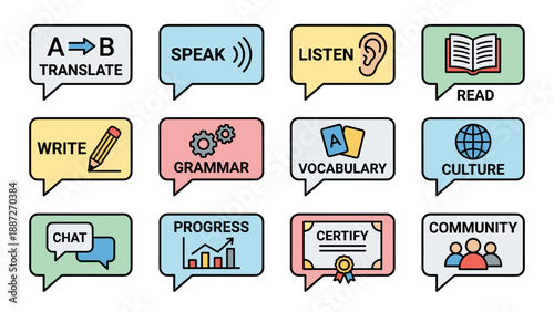 Language Learning Icon Set Featuring 12 Colorful Speech Bubbles for Education, Translation, Speaking, Listening, Reading, Writing, Grammar, Vocabulary, Culture, Chat, Progress, and Certification.