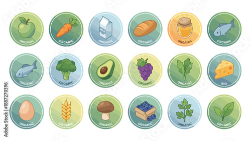 Set of 18 organic food label badges and icons in a modern isometric style. Includes vector illustrations of apple, carrot, milk, bread, honey, fish, broccoli, avocado, grapes, cheese, egg, and wheat.