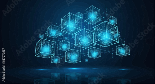Glowing blue cubes in a digital network background with futuristic