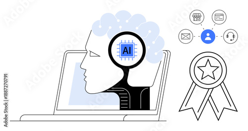 Artificial intelligence, machine learning, innovation, human-technology interaction, cognitive computing, automation. Human profile with AI chip in head on laptop. Artificial intelligence and machine