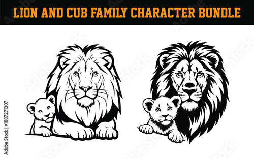 Lion and cub family character bundle illustration of two lion cubs with their fathers in black and white