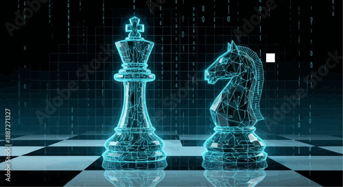 Glowing blue chess pieces on digital board with wireframe design