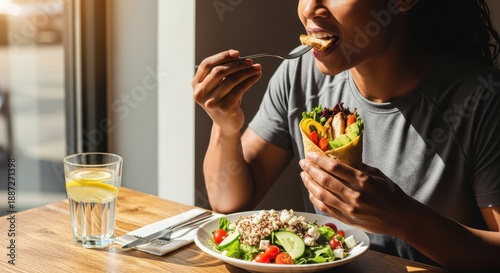 Person enjoys a healthy midday meal featuring a wrap and a fresh salad by a sunlit window