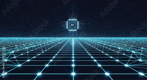 Ai microchip with glowing blue network connections on a futuristic grid