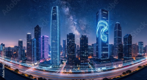 Wallpaper Mural Illuminated modern skyscrapers dominate a cityscape under a starry night sky with streaking light trails below Torontodigital.ca