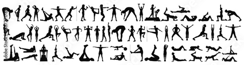 Energetic Poses: A diverse collection of silhouettes captures a range of dynamic yoga positions, illustrating the fluidity and grace of the human form in motion. 