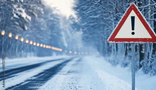 Red triangular warning road sign with exclamation mark on metal post, snowy winter road with tire tracks, row of street lights along road receding into distance