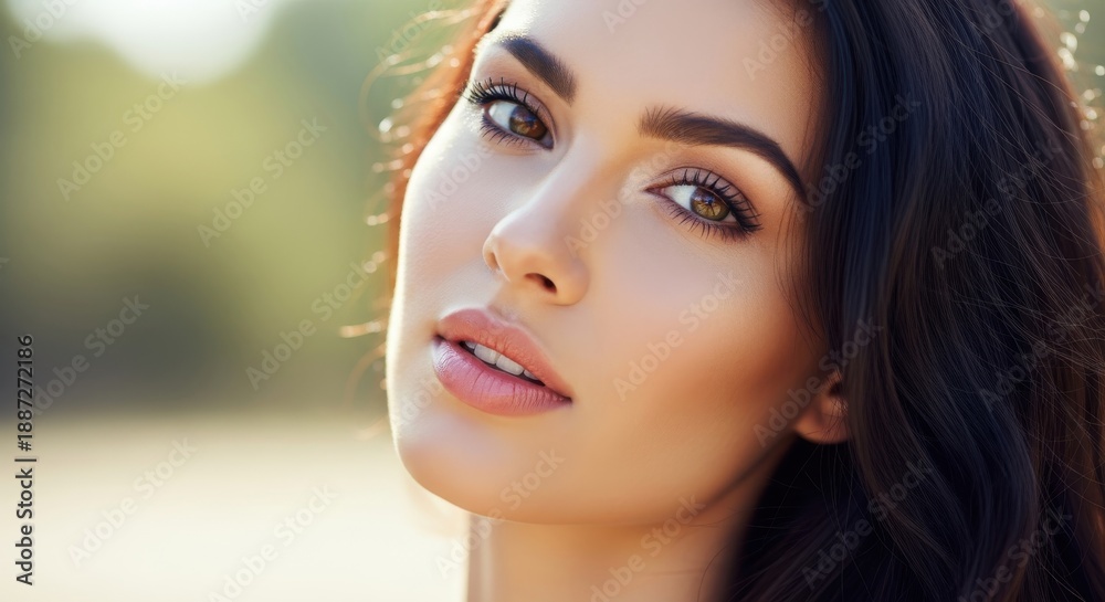Fototapeta premium Gorgeous young woman gazes intently toward the viewer with soft, natural outdoor lighting.