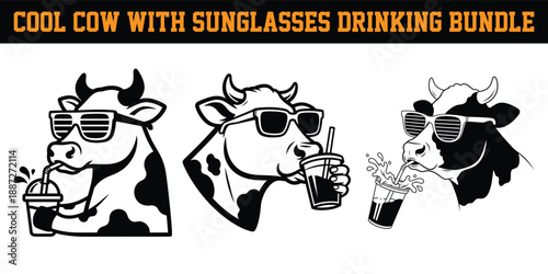 Black and white cow heads with sunglasses drinking from cups  illustration bundle