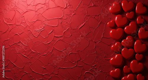 Glossy red hearts on a textured red background for Valentine Day, romantic concepts with copy space