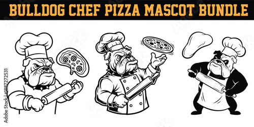 Bulldog chef pizza mascot bundle with cartoon bulldogs making pizzas and dough in various poses with rolling pin