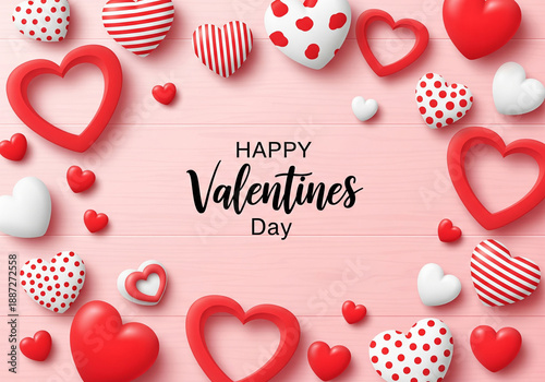 Happy Valentines Day text on pink wood background surrounded by red and white hearts with dots and stripes