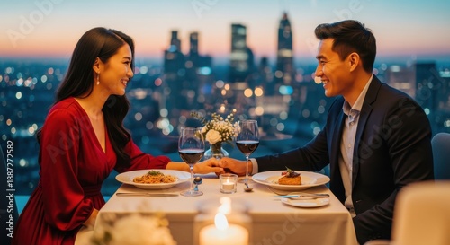 Affectionate couple shares a romantic dinner overlooking a brightly lit metropolis skyline at dusk