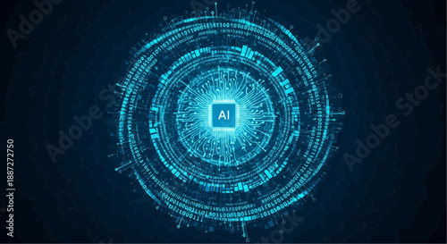 Glowing blue ai technology background with digital code circles