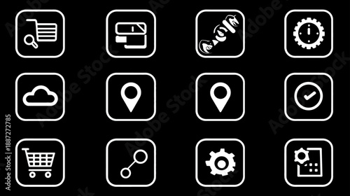 Collection of diverse white outline business, e-commerce, and digital technology icons set on a black background for web and app design