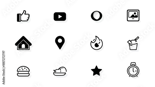 Generic UI/UX icon set featuring essential web and mobile app symbols like like, play, home, food, location, and time.