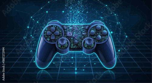 Glowing blue gaming controller with neon outline on dark tech background