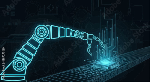 Glowing blue robotic arm welding on production line with circuit board