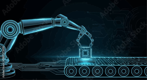 Robotic arm on tank treads with blue neon glow in dark background