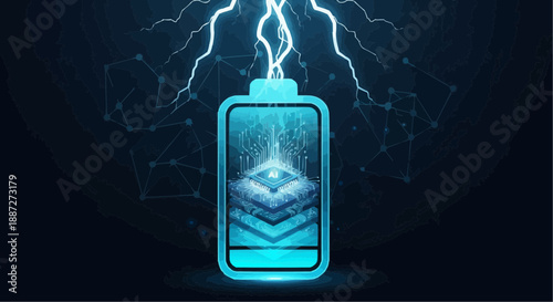 Glowing blue battery with lightning and futuristic circuit background